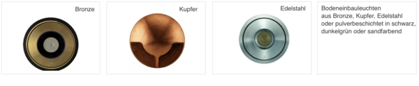 Außen Bodenscheinwerfer aus Bronze, Kupfer, Edelstahl oder farbig pulverbeschichtet