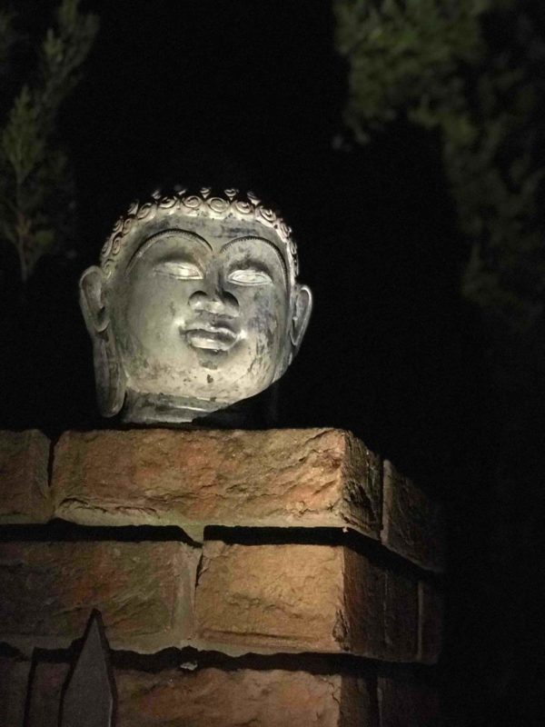 Buddha Kopf auf Pfeiler angeleuchtet