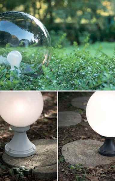 Klare Garten Kugelleuchte im Beet in klassischer Formgebung