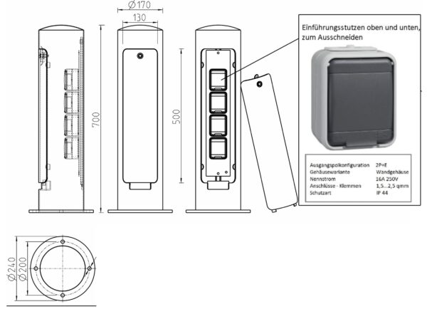 Edelstahlsäule IP44 mit 4 Steckdosen für außen Abmessungen