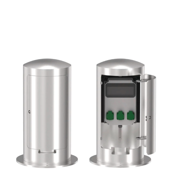 Anti Vandalismus Strompoller als Ladestation mit Tür