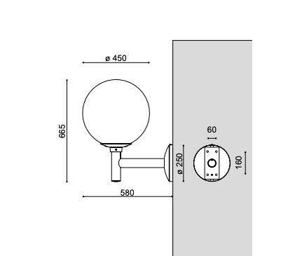 Maße der 450mm Kugel Außen Wandleuchte mit Ausleger