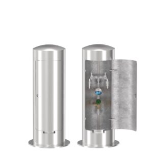 Edelstahl Poller mit 2 Wasserhähnen und Wasseruhr