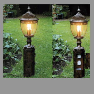 Gartenleuchte mit Sockel und 2 Steckdosen mit Tür für außen