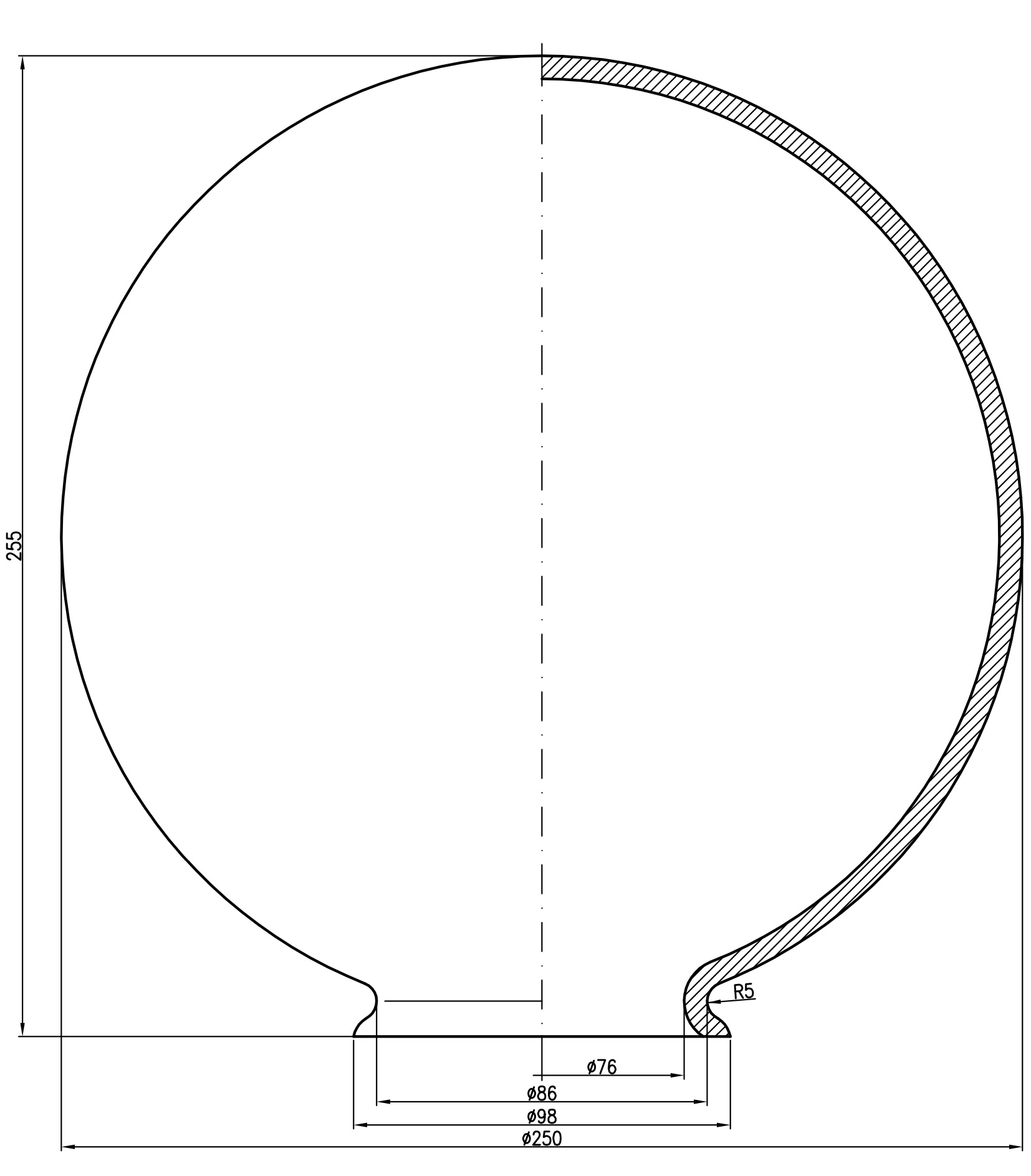 Ersatzglas 250mm mit Kragen für Außenlampe Abmessung