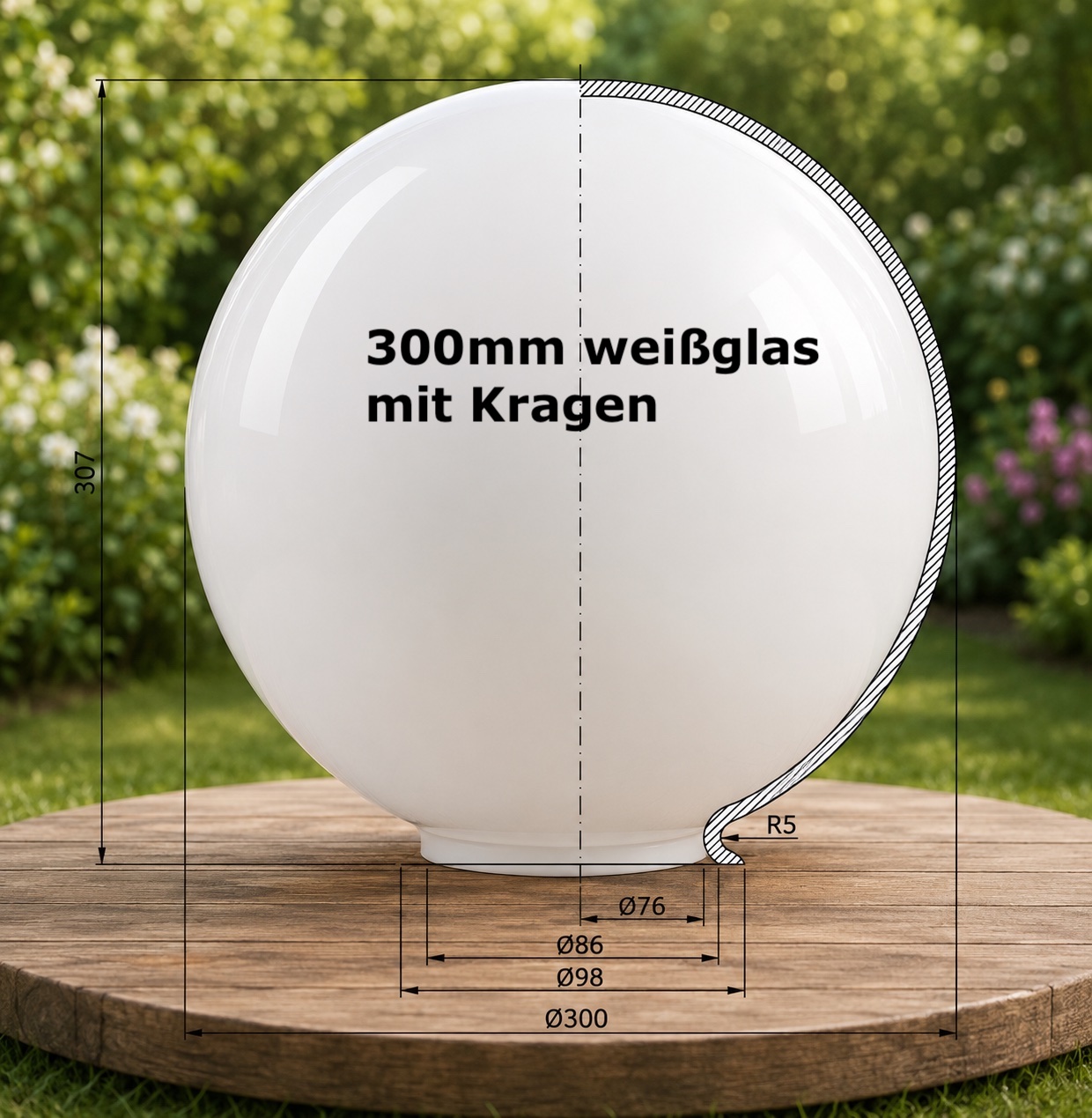 Ersatzglas 300mm weiss mit Kragen fuer Aussenlampe
