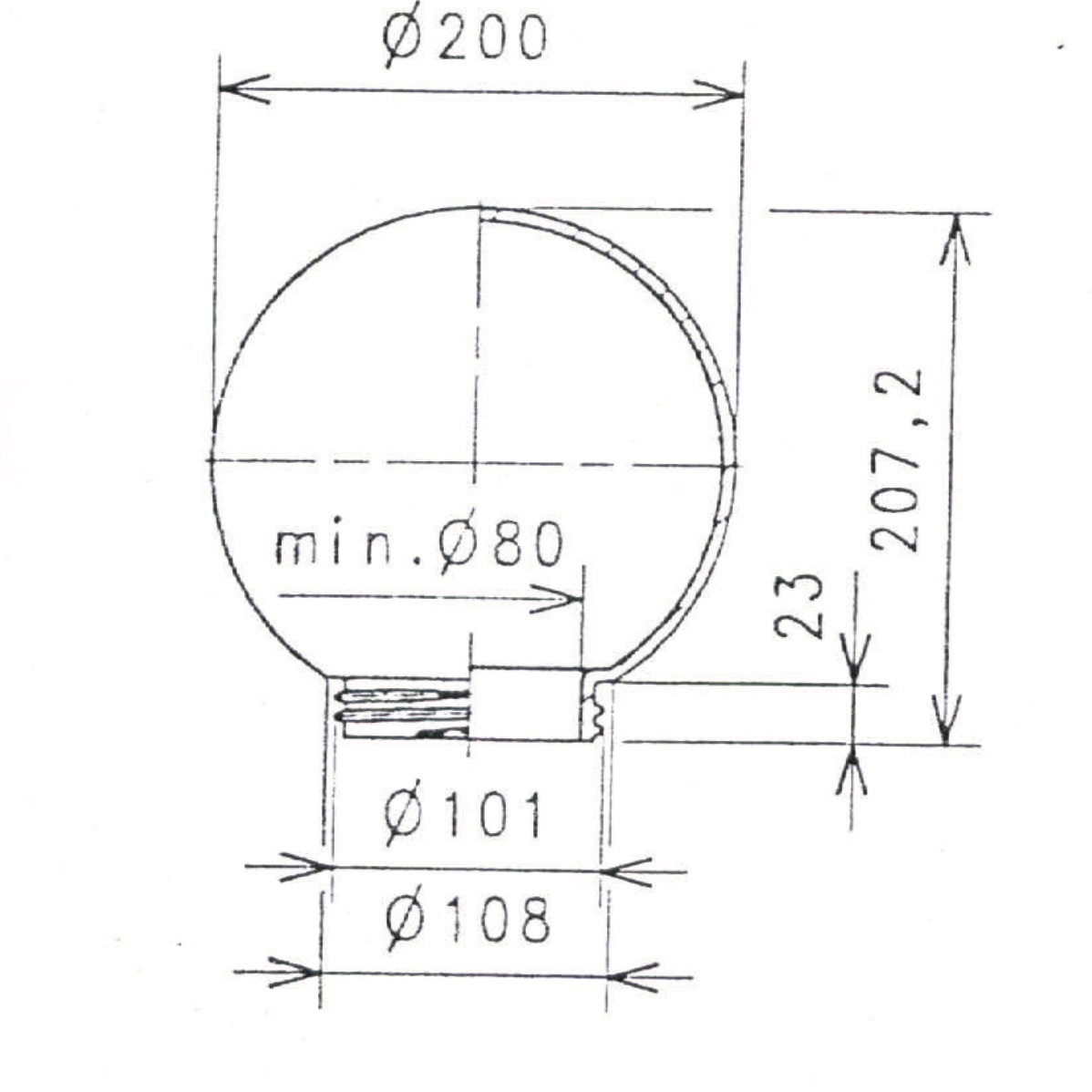 Kugellampen Ersatzglas200mm mit Gewinde Abmessungen