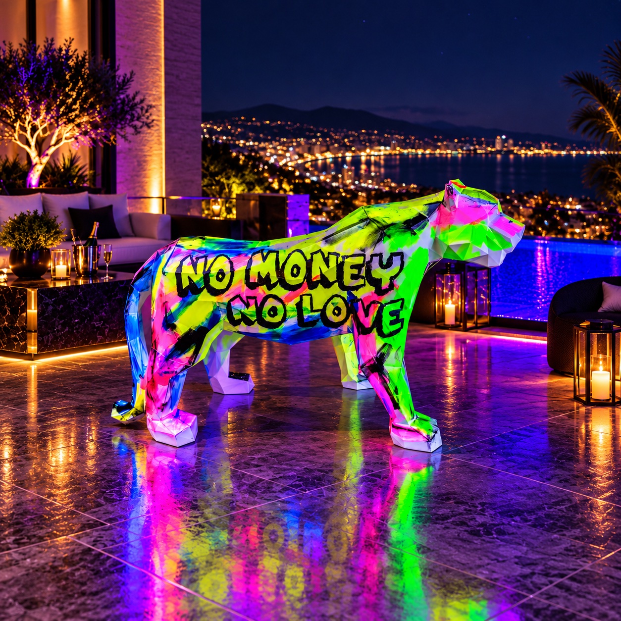 Tomboy Panther Skulptur NO MONEY NO LOVE mit fluoreszierenden Farben