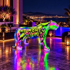 Tomyboy Panther Skulptur NO MONEY NO LOVE mit fluoreszierenden Farben